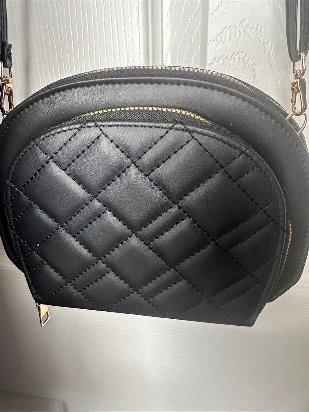 Quilted Black Crossbody Bag with Gold Zippers